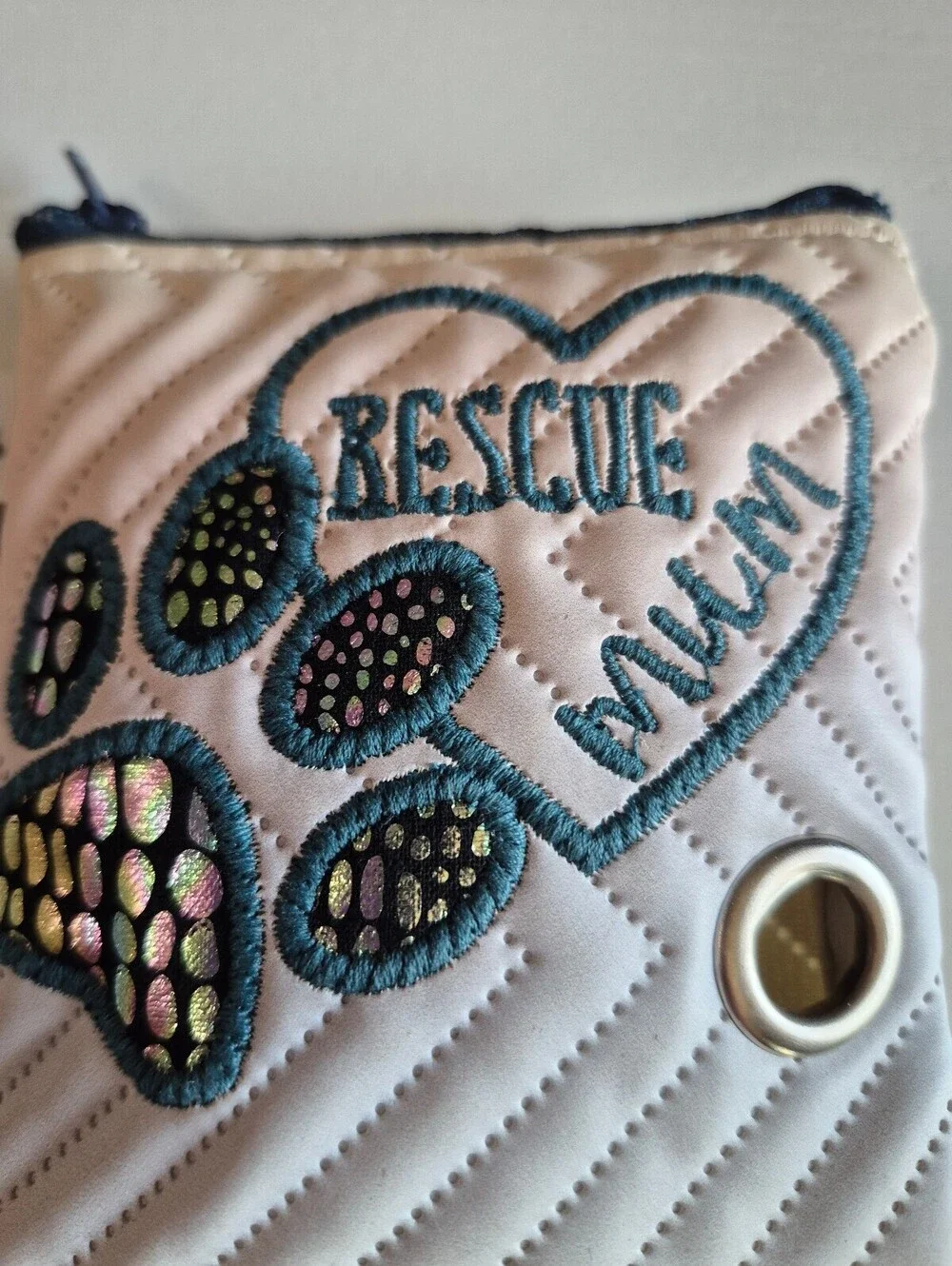 Embroidered rescue mum and dog paw print dog poop bag with gormmet and clasp